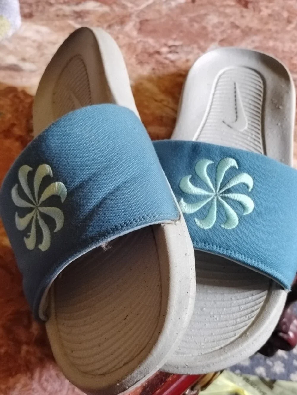 Nike Teal Blue Slide Sandals with Mint Embroidery